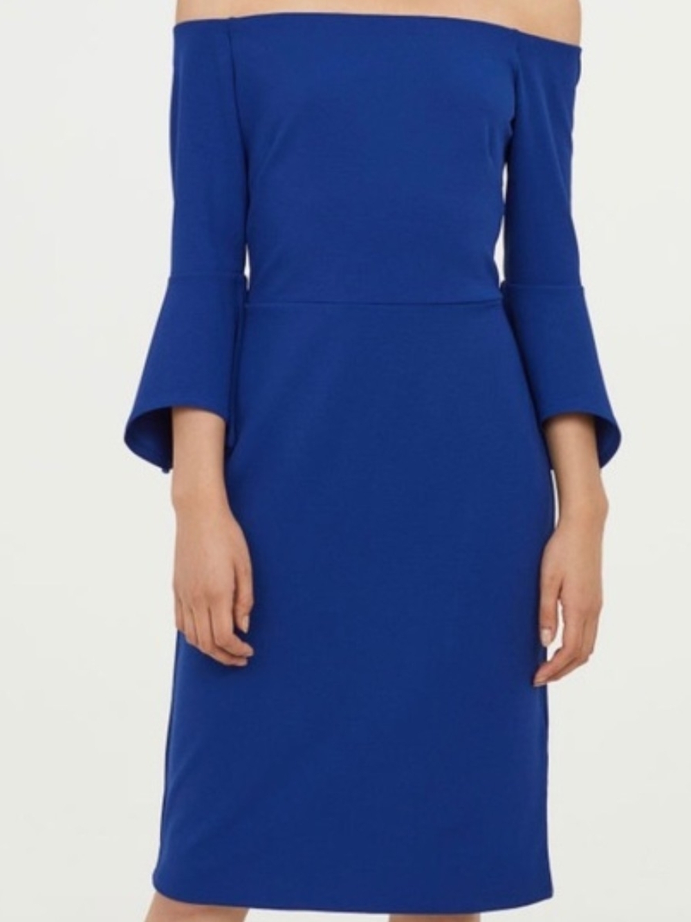 H&M Off-Shoulder Blue Bell-Sleeve Sheath Dress